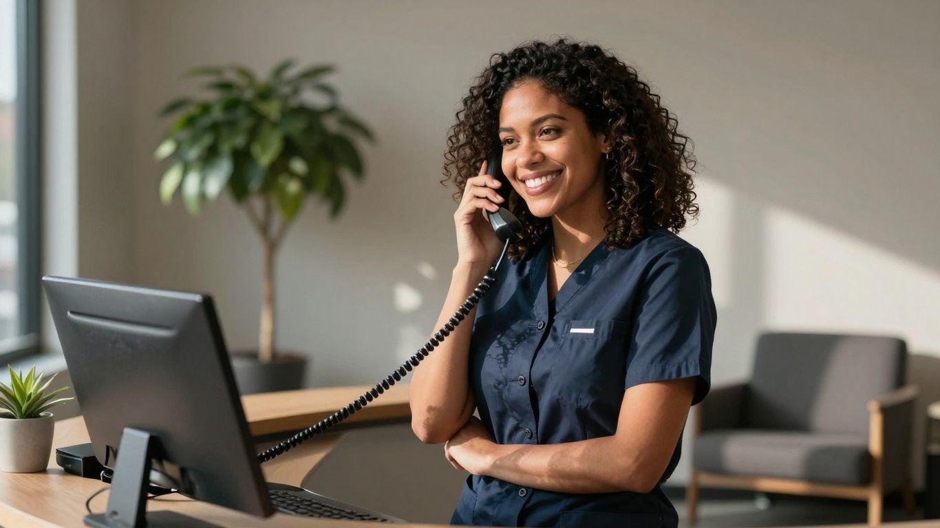 Medical receptionist answering a phone call with a smile.