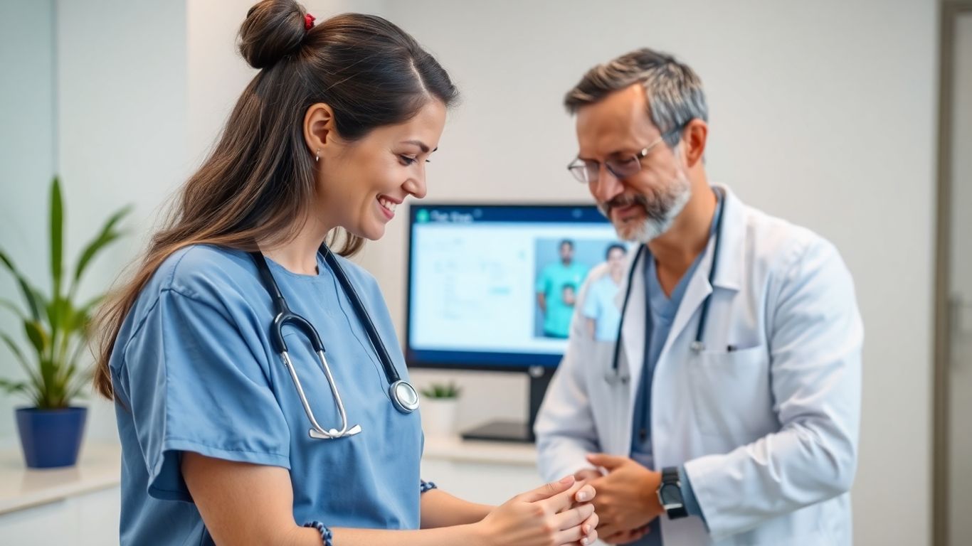 Doctor and patient interacting, virtual receptionist interface visible.
