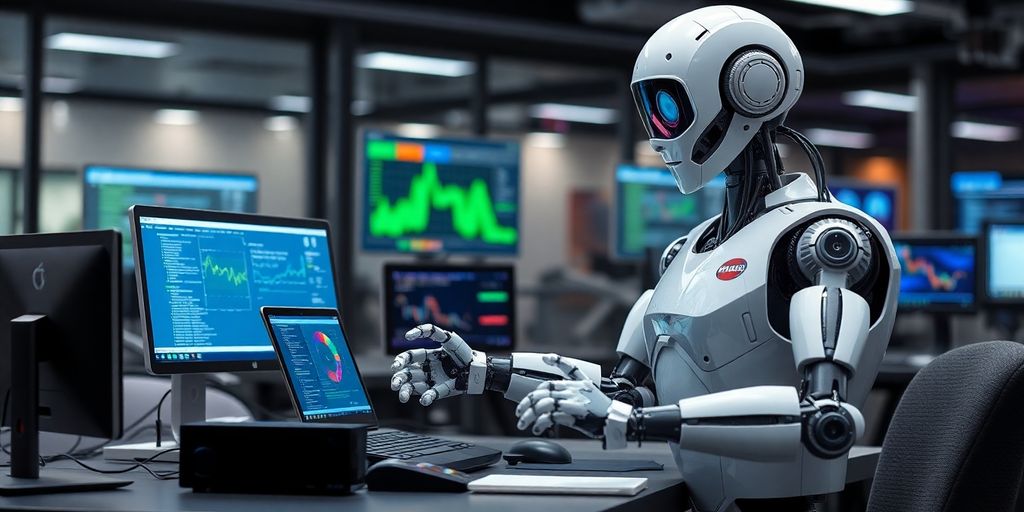 A robotic tester in a modern workspace with devices.