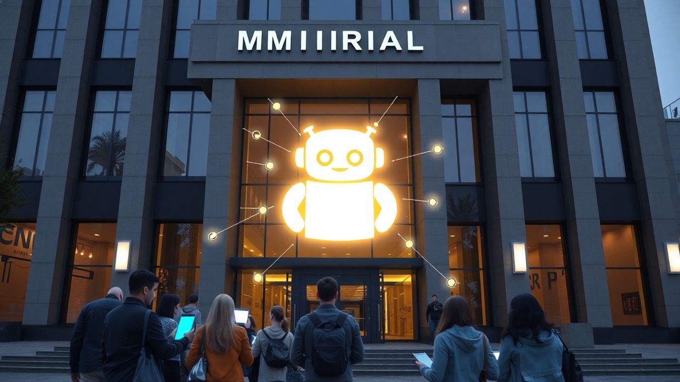 AI chatbot interface on municipal building connecting with citizens.