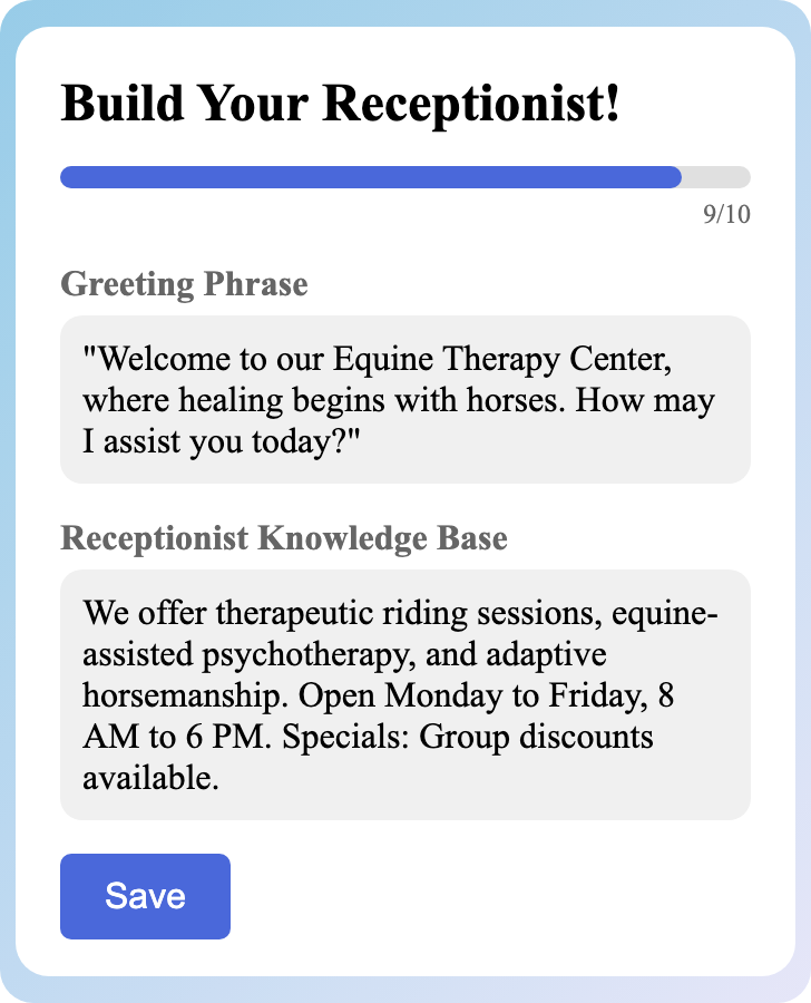 Sample receptionist setup for Equine Therapy Center