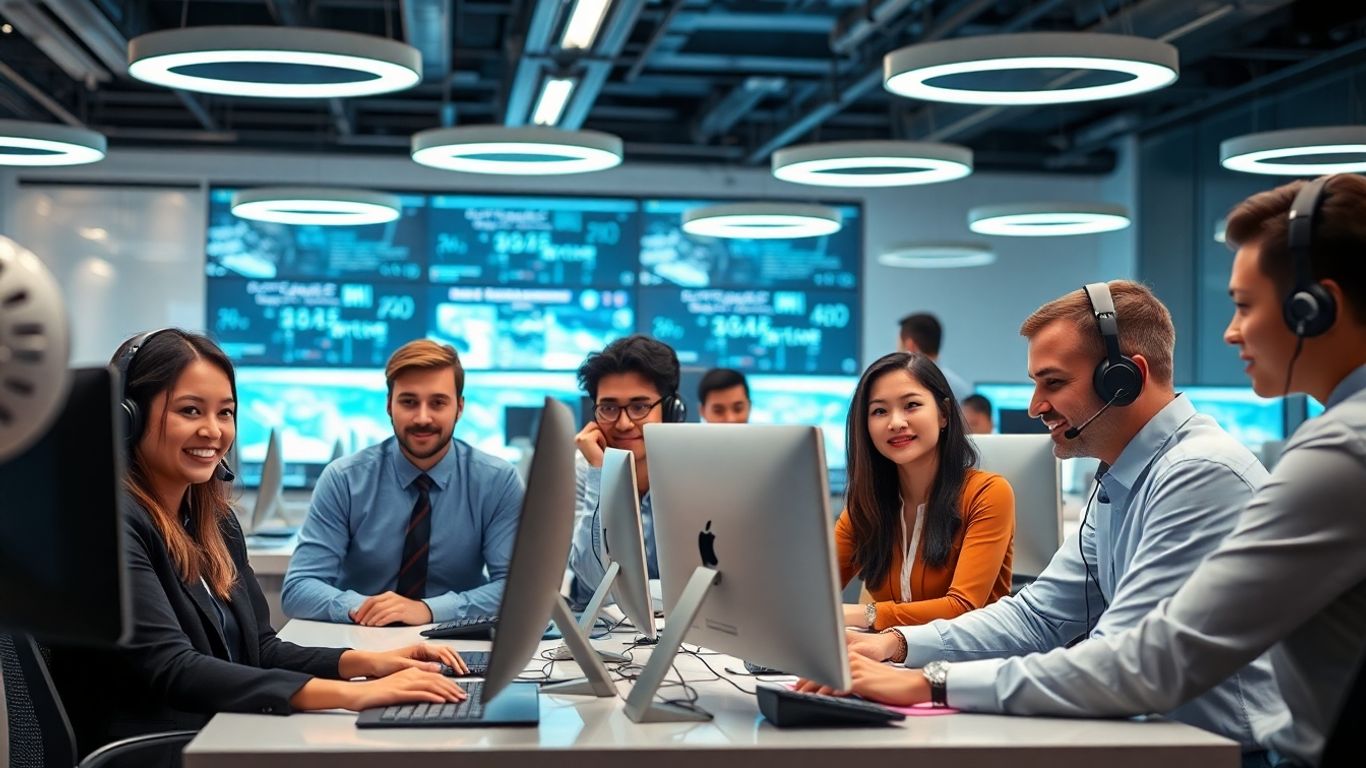 Call center managers using advanced technology in an office.