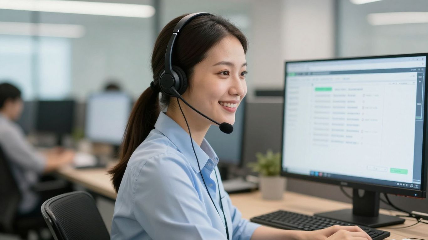 Professional receptionist handling calls efficiently.