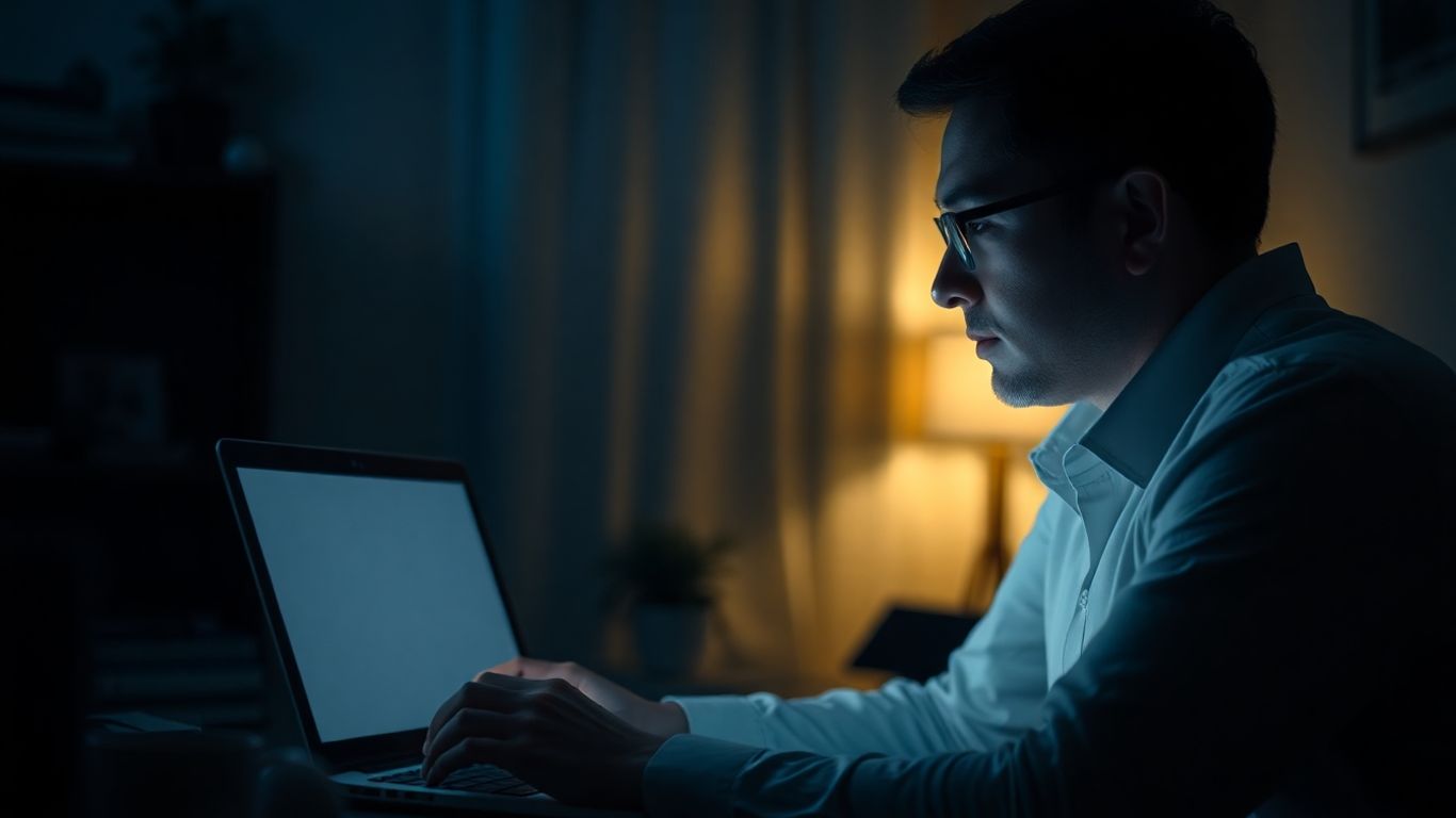 Remote worker at night with laptop