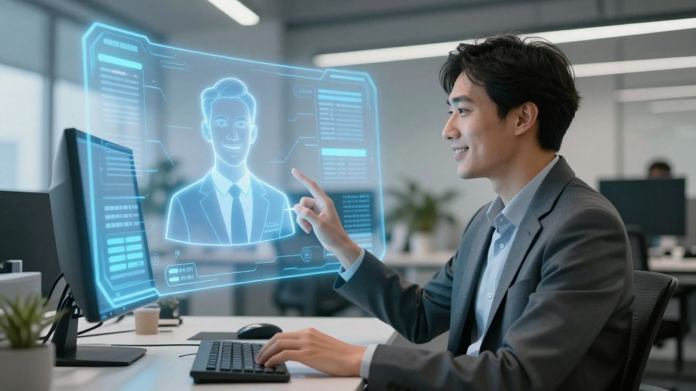 AI receptionist interface in a modern office.