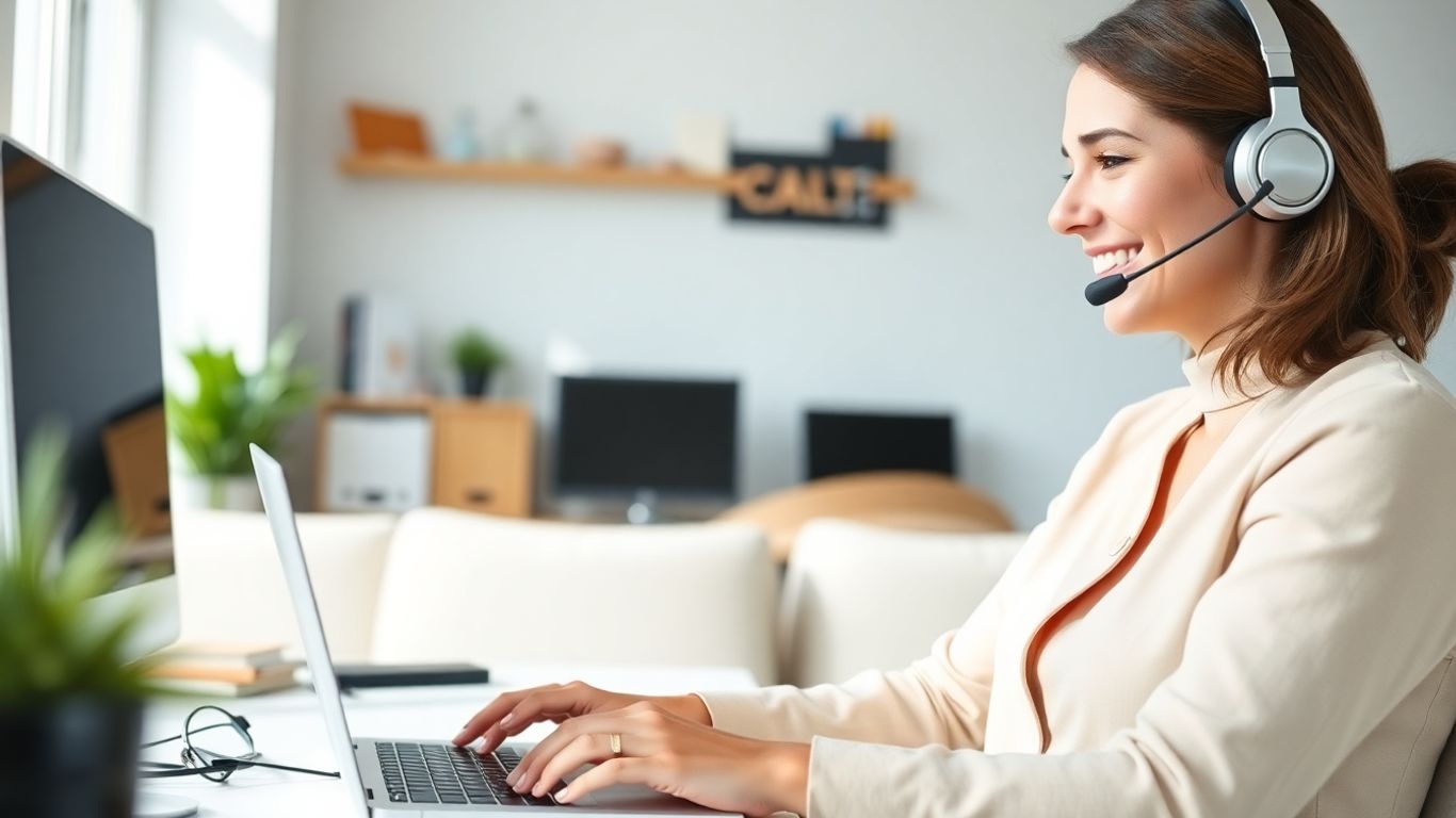 Virtual receptionist working from home on a laptop.