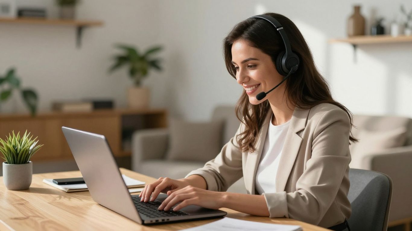 Professional woman working remotely as a virtual receptionist.