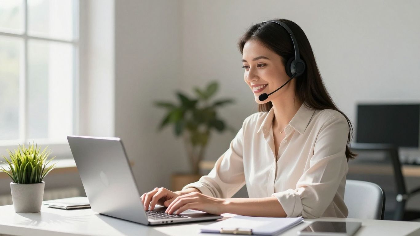 Virtual receptionist working remotely at a desk.