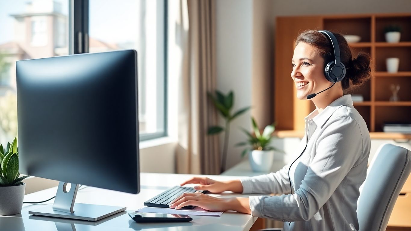 Professional woman working remotely as a virtual receptionist.