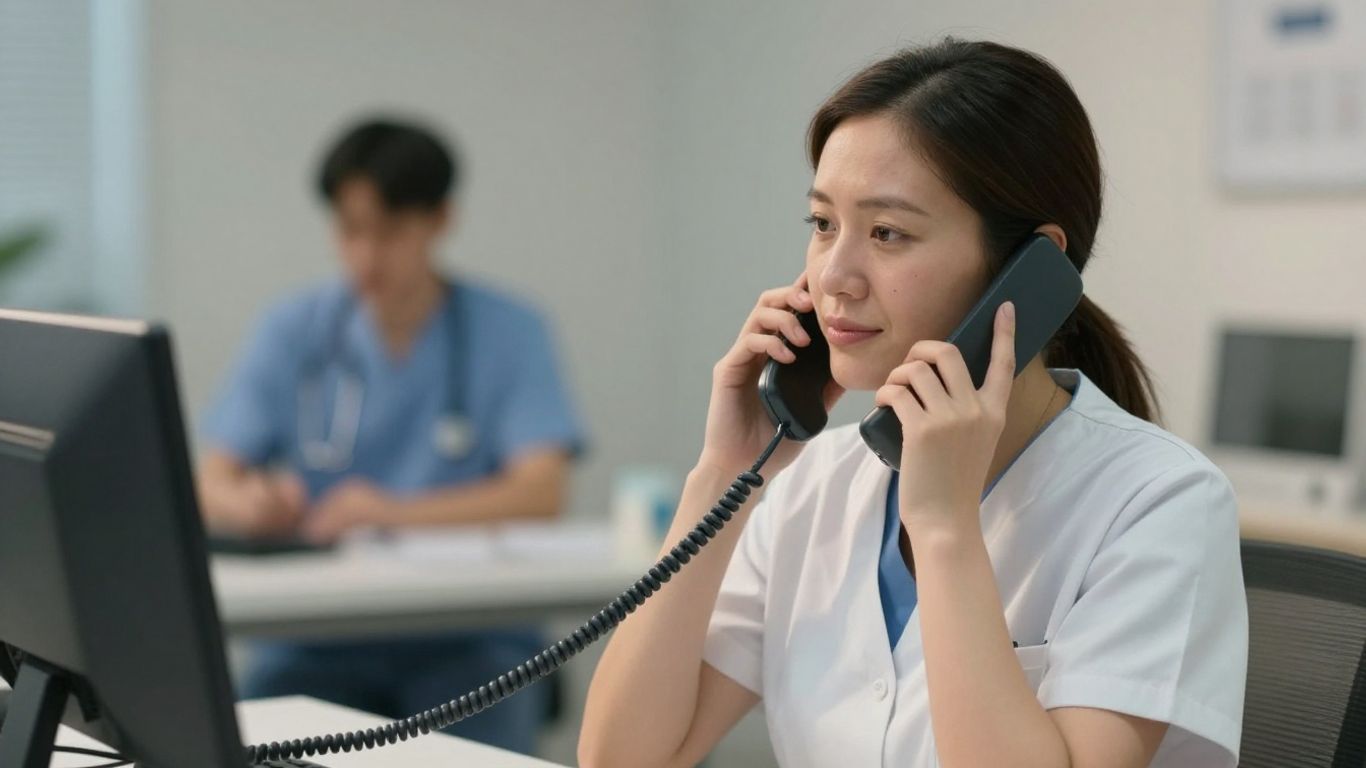 Medical professional answering phone in office.