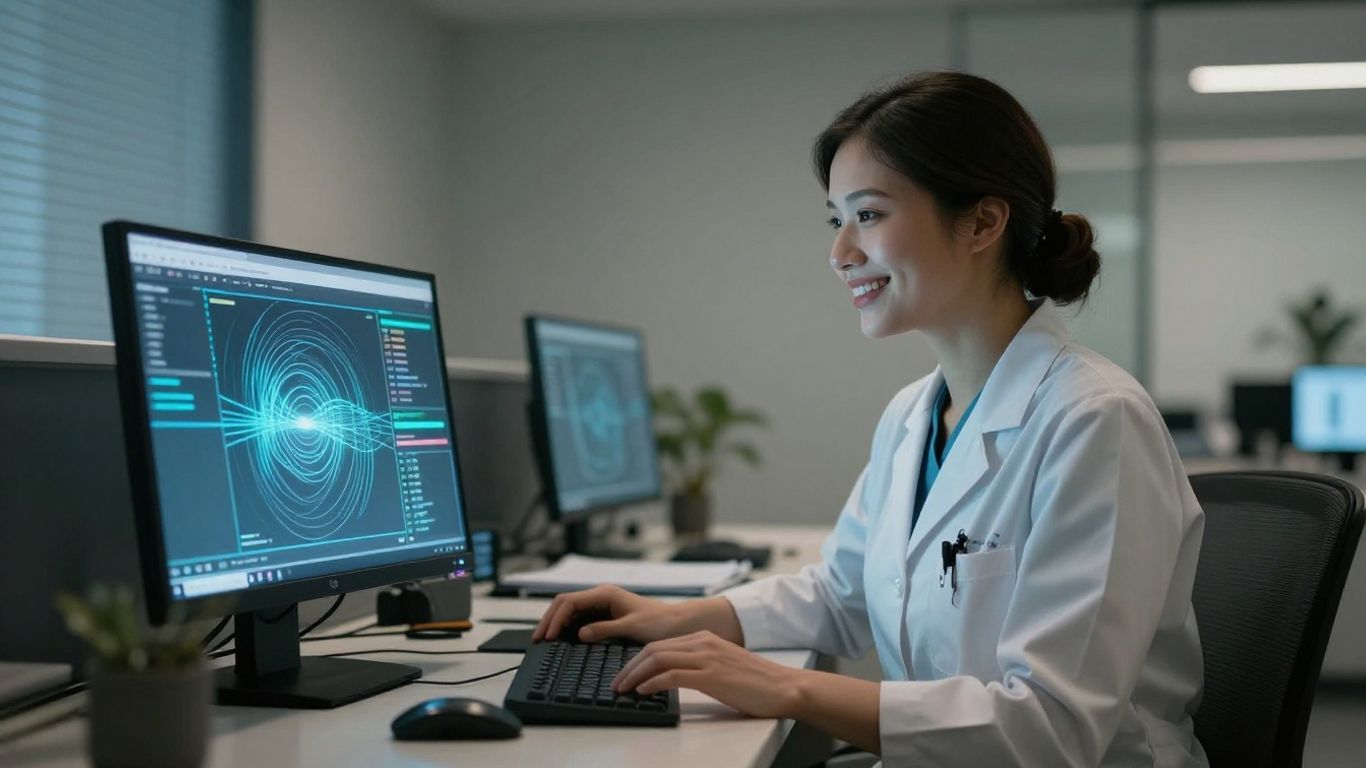 Medical office reception with a smiling receptionist and technology.