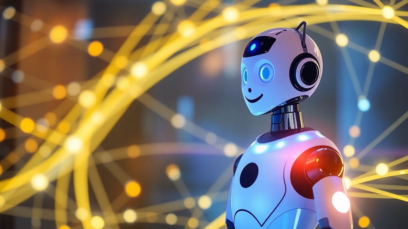 AI chatbot interface with avatar and glowing digital background.