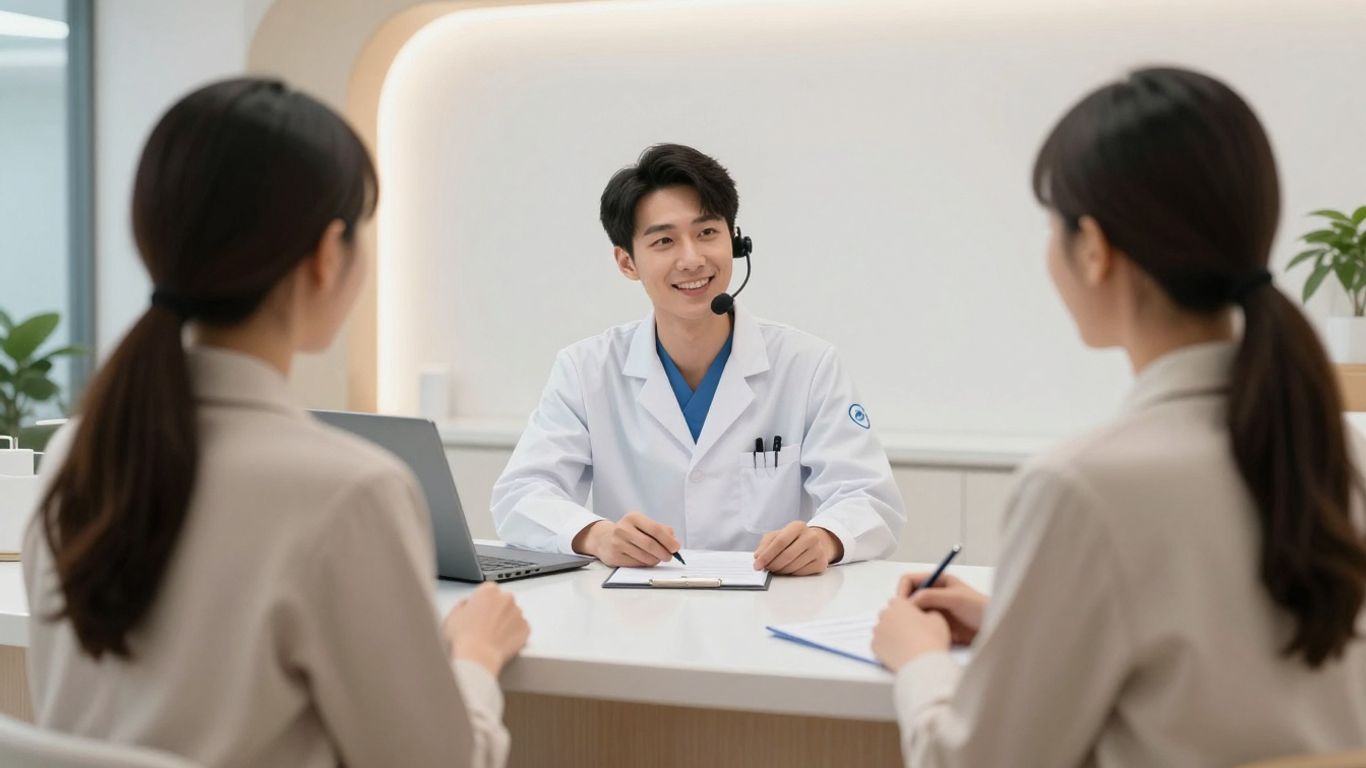 AI receptionist assisting doctor and patient in a healthcare setting.