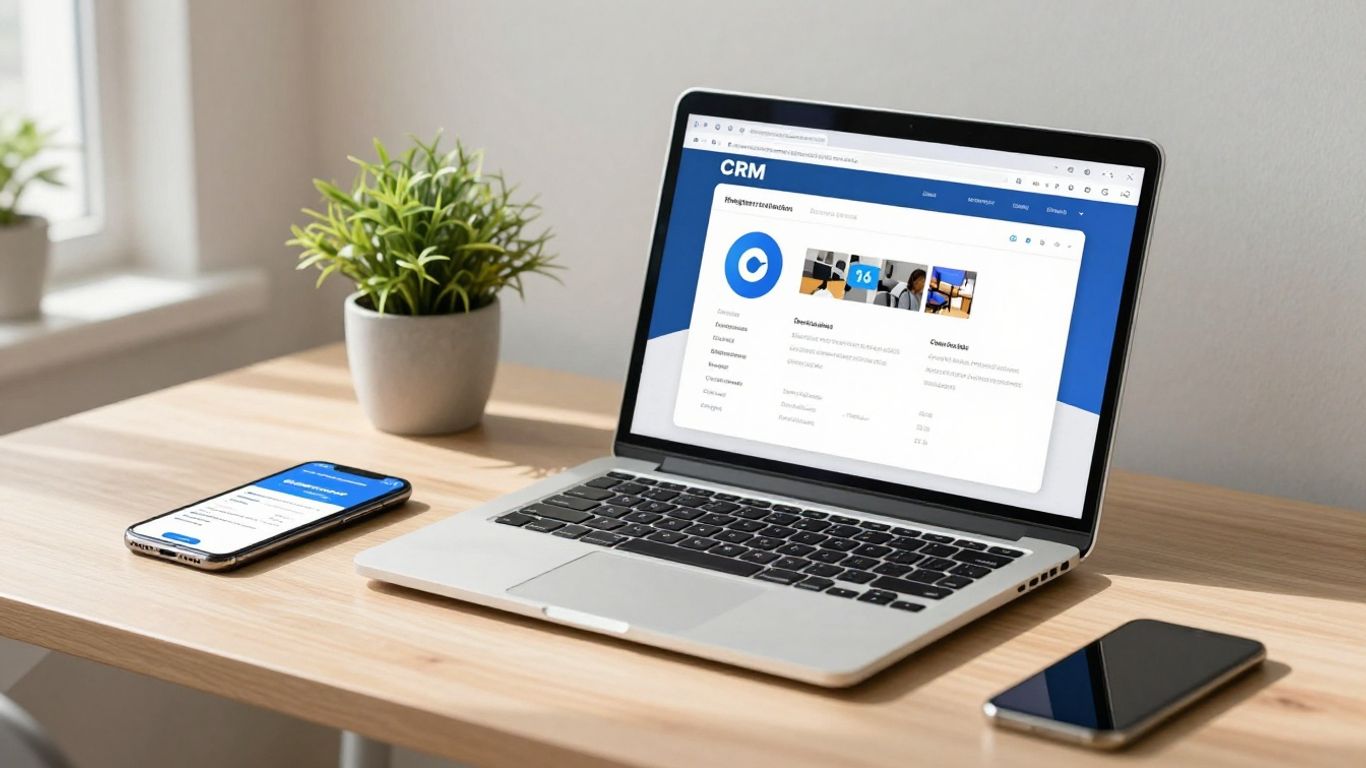 Bigin CRM interface on a laptop screen.