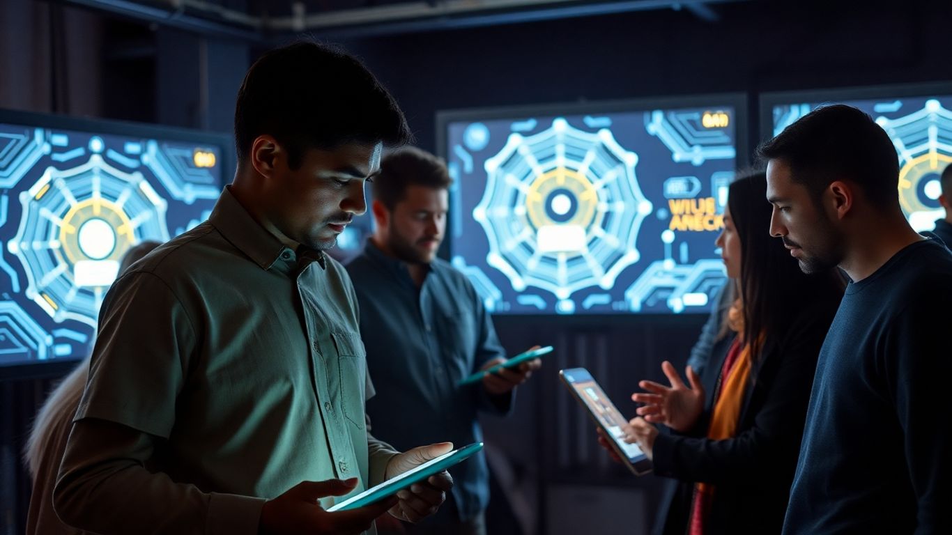 Adults interacting with AI chatbot interfaces on screens.