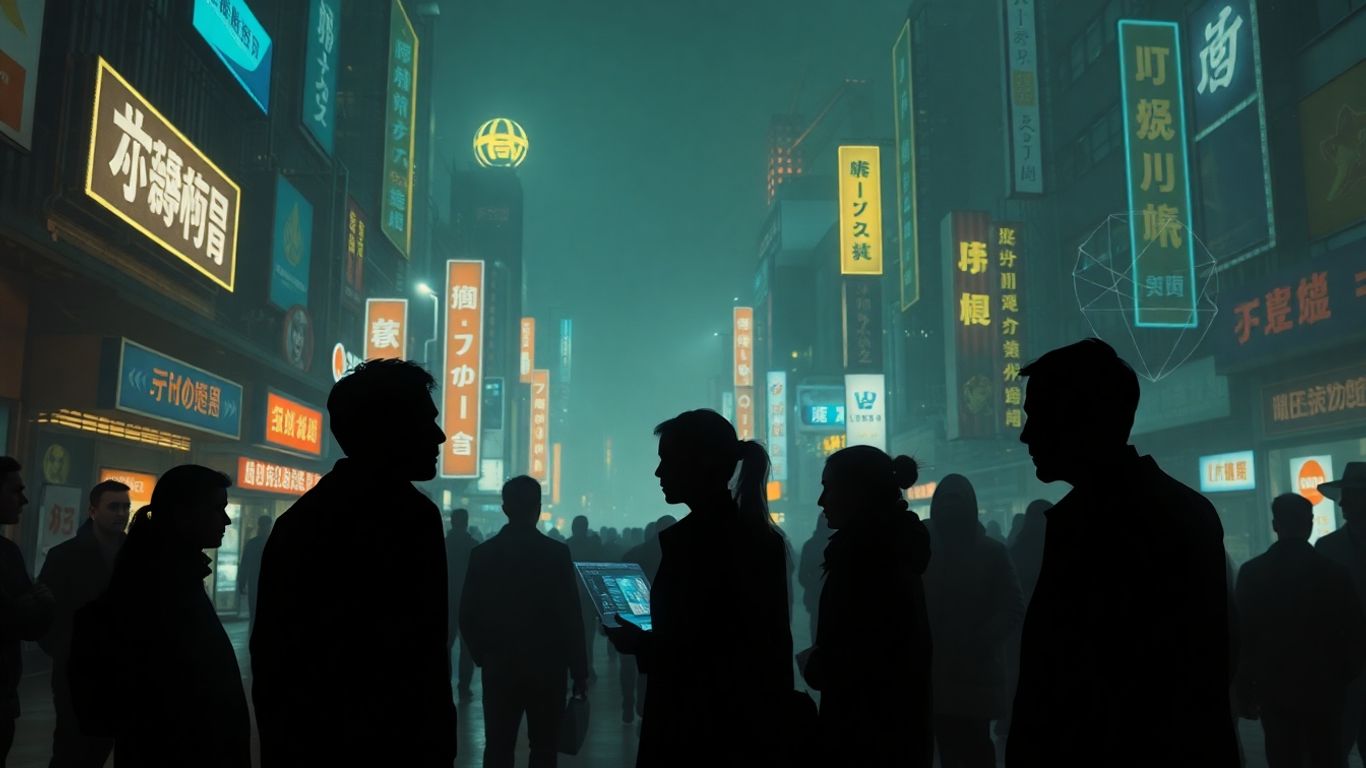 Futuristic cityscape with AI interfaces and silhouettes.