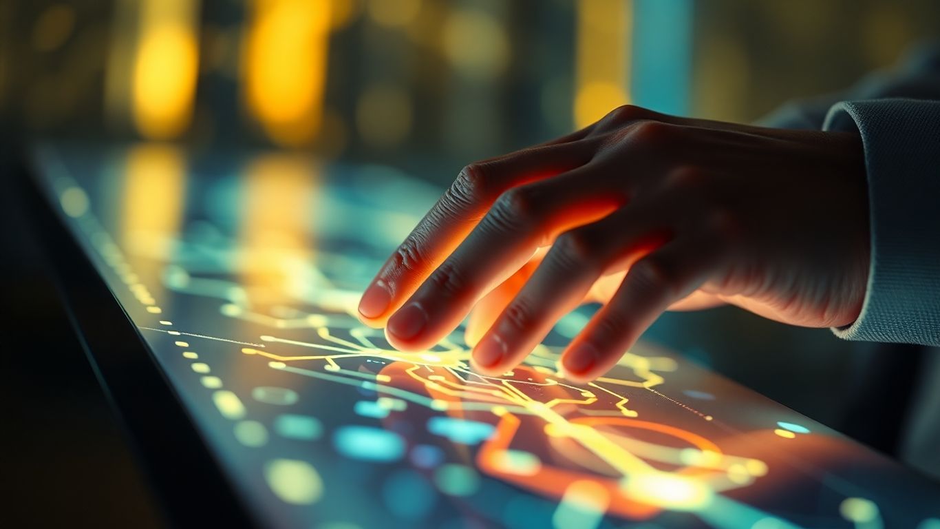 Hands interacting with a glowing digital interface.