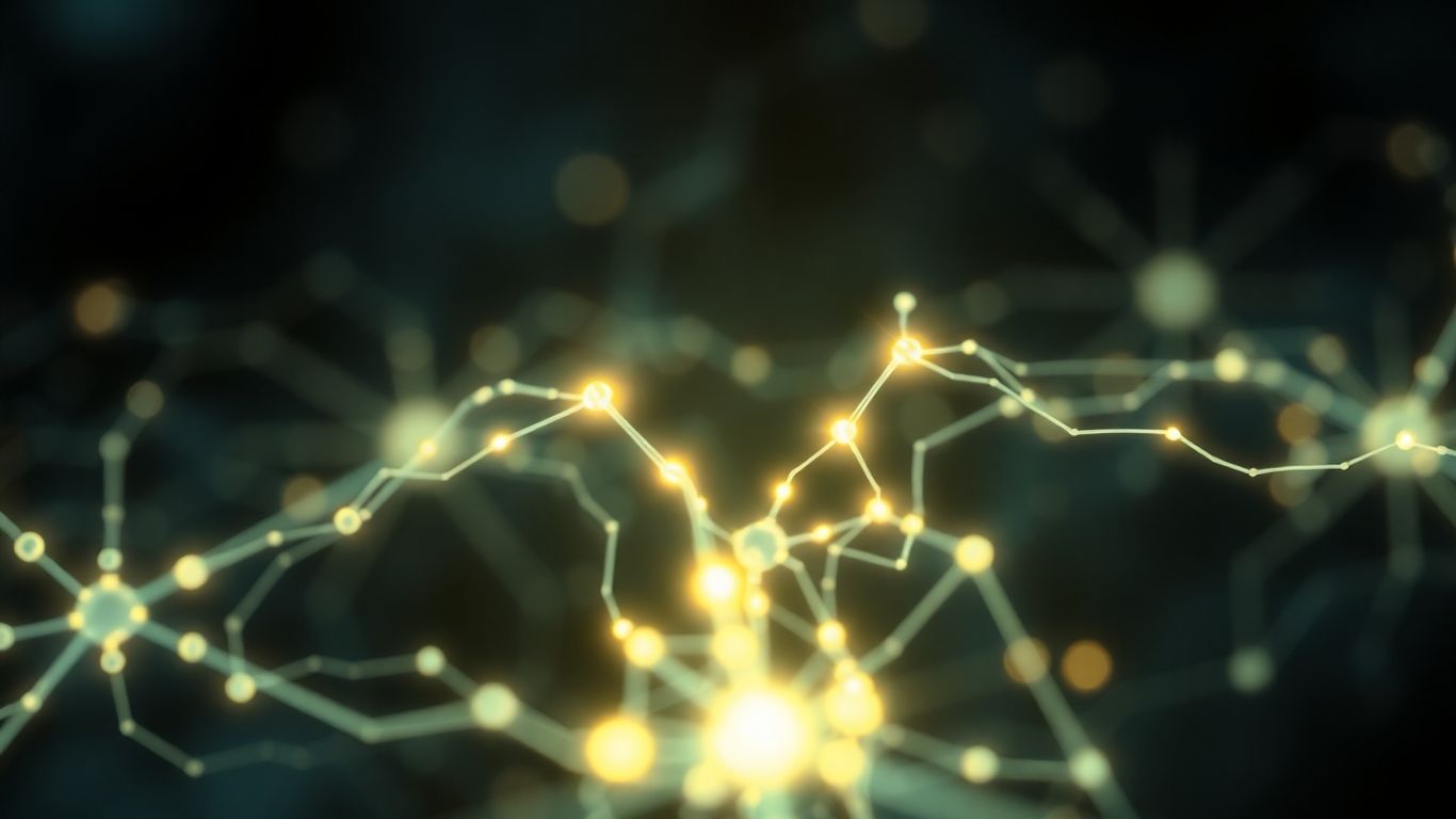 Abstract glowing neural network with digital data streams.