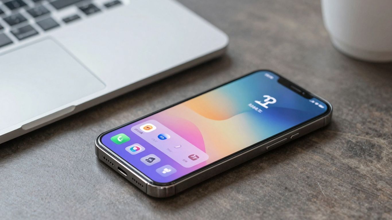 Smartphone with AI receptionist interface on a desk.
