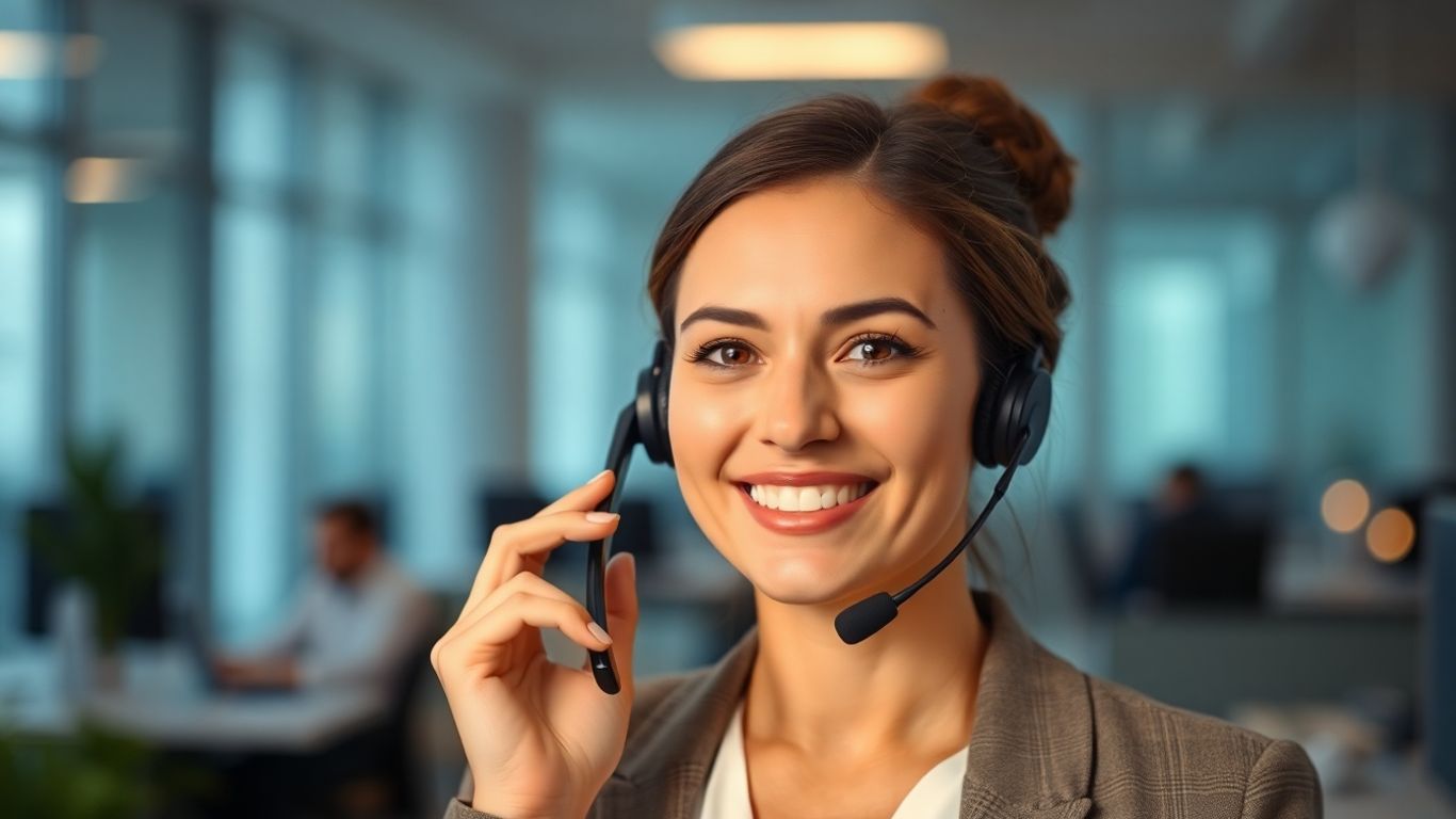 Professional woman with headset, modern office, virtual receptionist