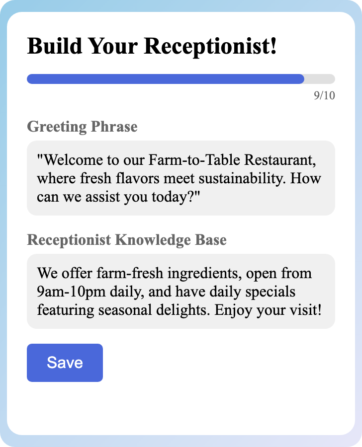 Sample receptionist setup for Farm-to-Table Restaurant