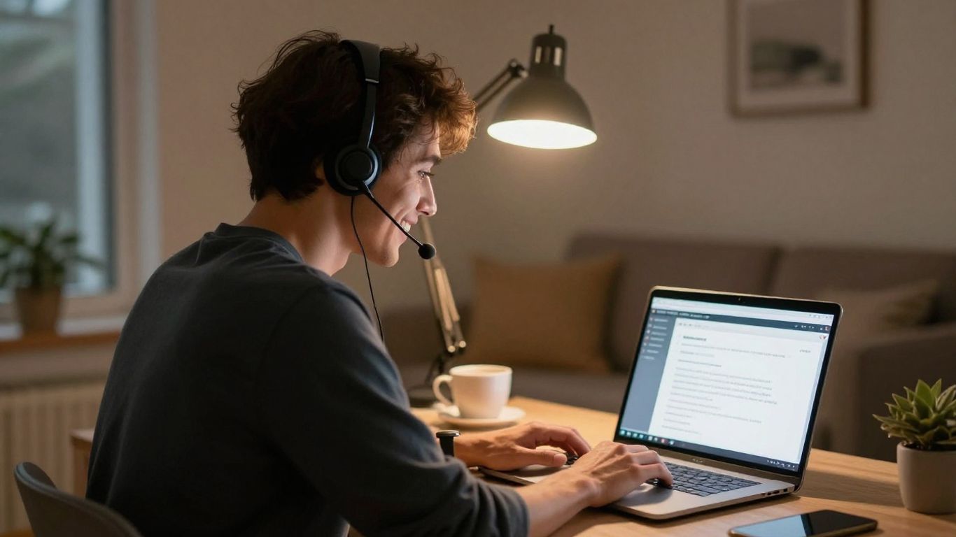 Person working from home with headset and laptop.