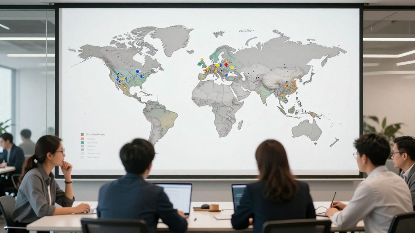 World map in a modern office with people discussing business.