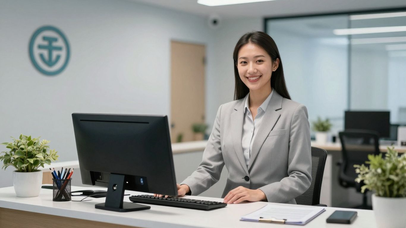 Ruby Receptionist smiling at a modern office desk.