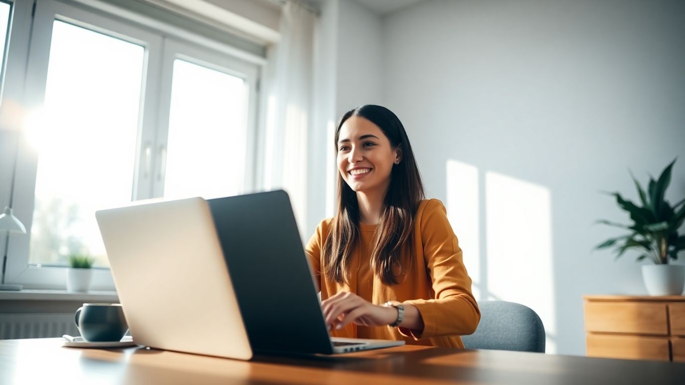 Professional woman working remotely on laptop