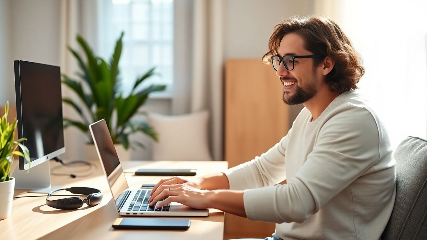 Person working remotely with a headset and laptop.