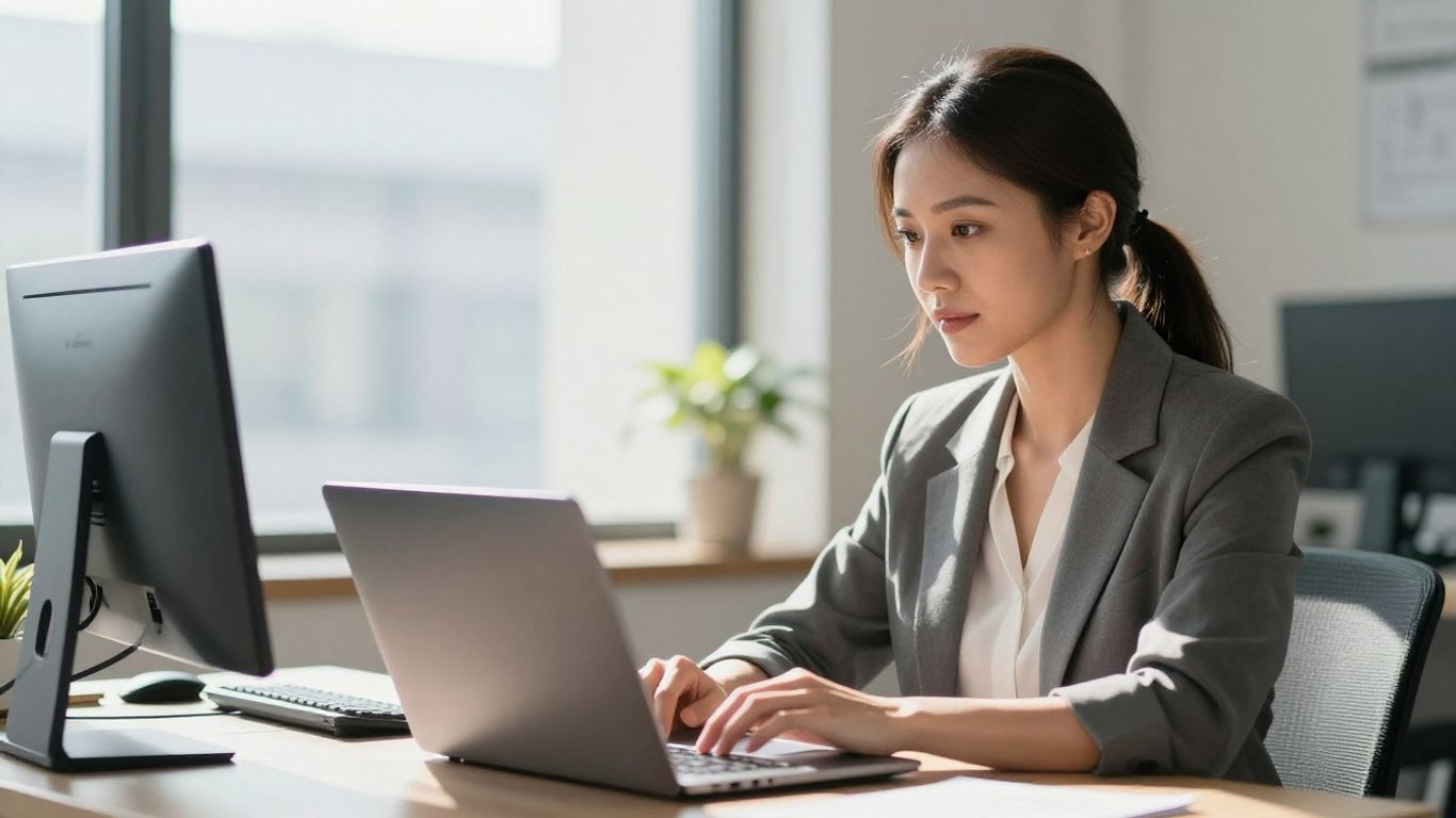 Professional woman working on a laptop in a bright office.