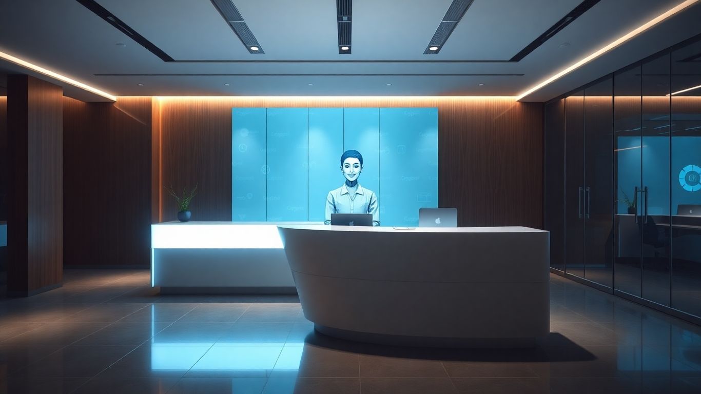AI receptionist avatar in a modern office reception area.
