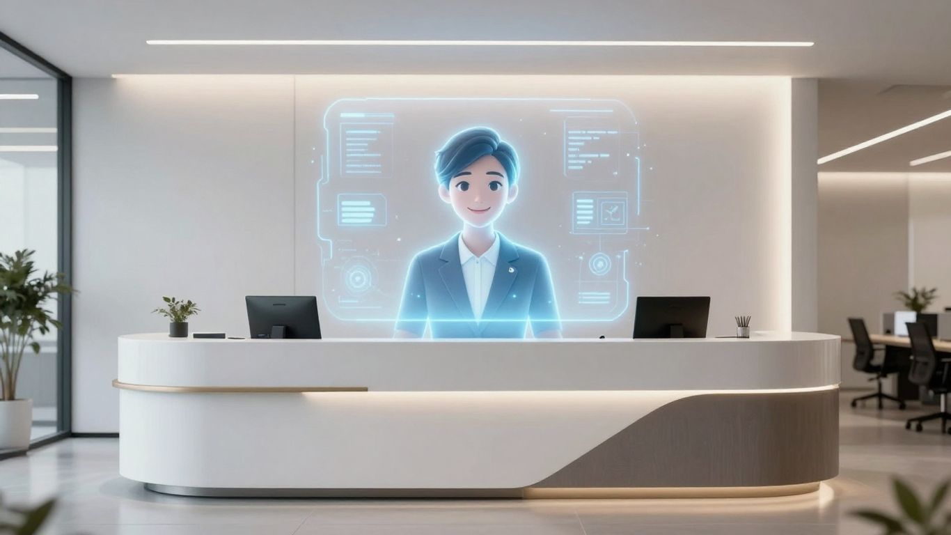 AI receptionist interface in a modern office.