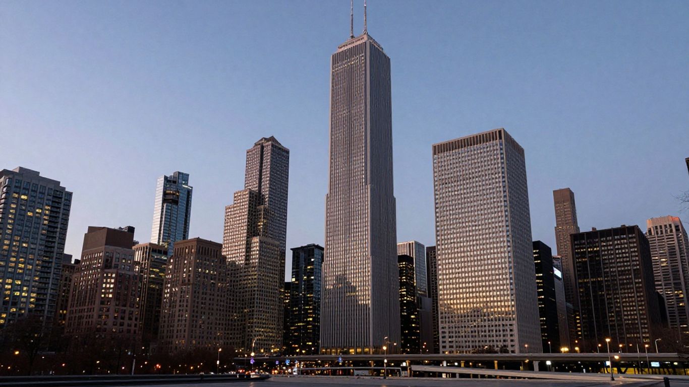 Chicago skyline at dusk with office buildings