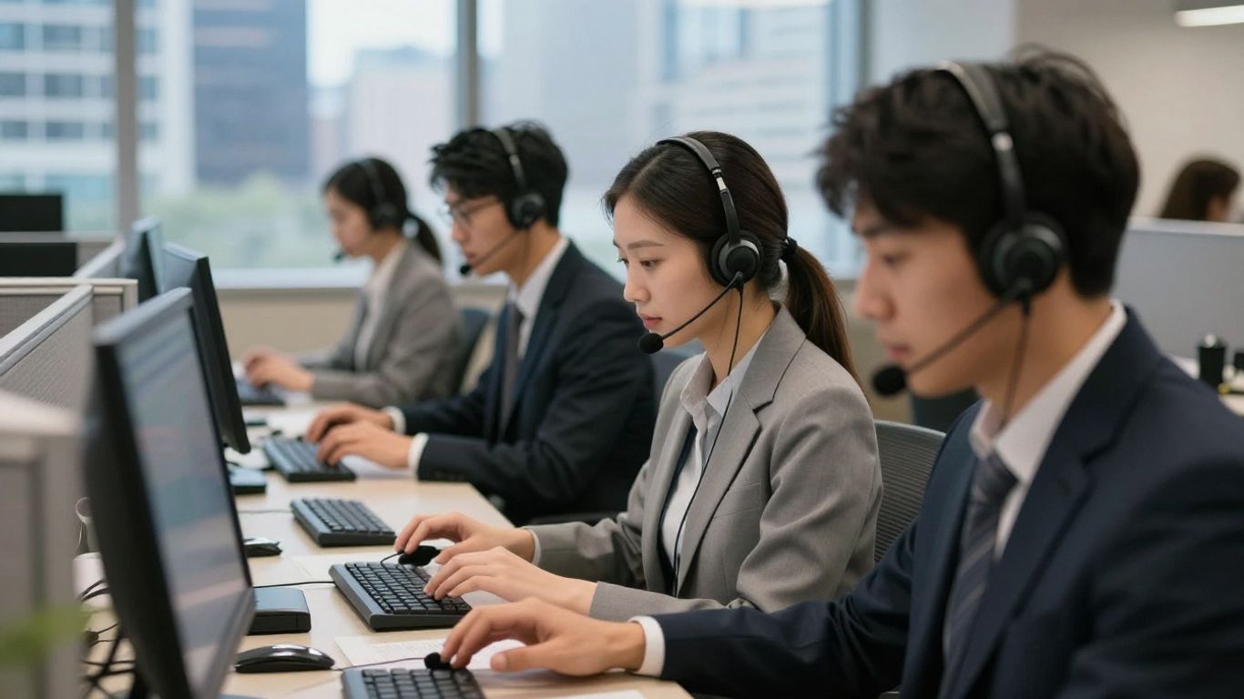 Chicago call center operators working with headsets.