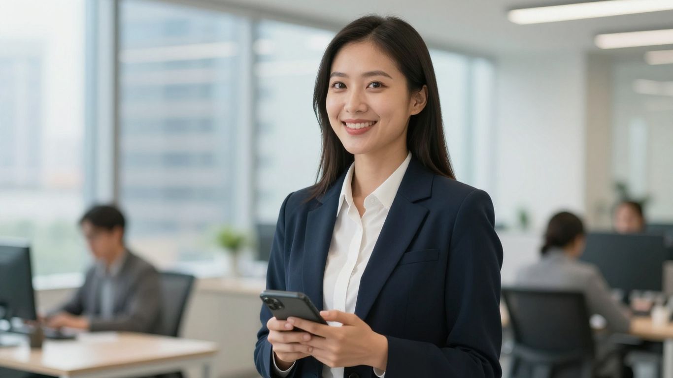 Real estate agent using a phone in an office.
