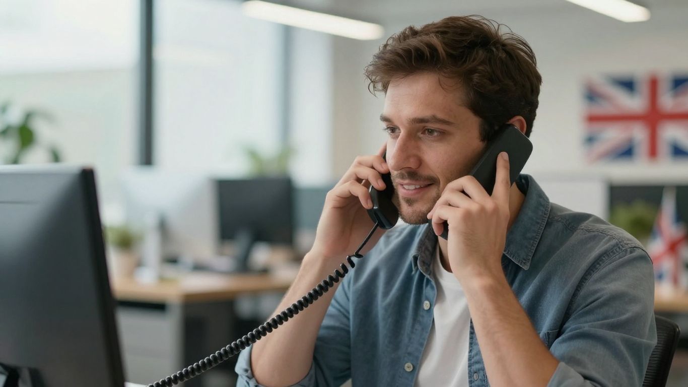 UK small business owner answering phone professionally