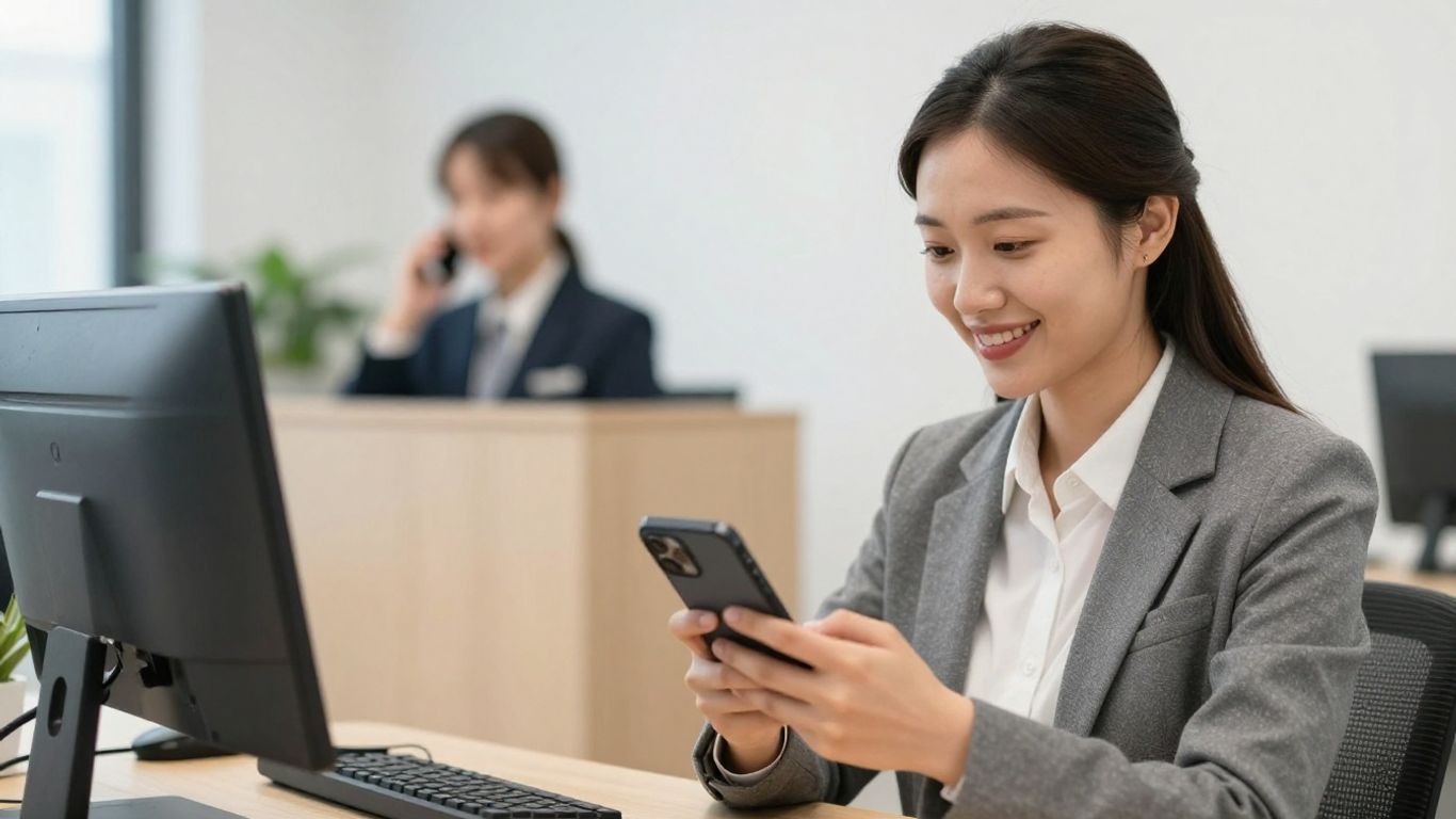 Small business owner using phone with receptionist in background.