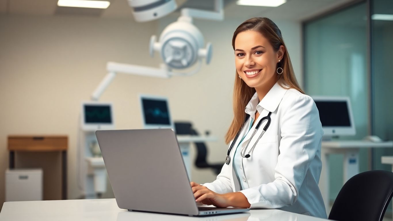 Medical virtual assistant working on laptop