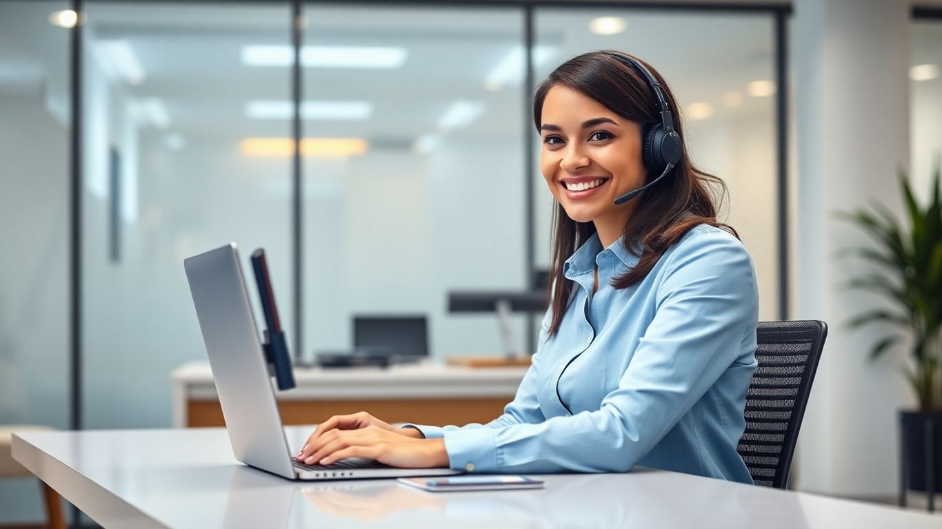 Virtual assistant providing customer support via laptop.