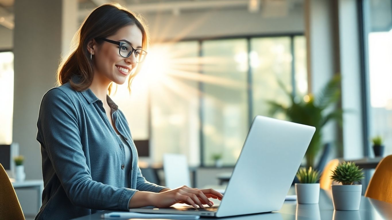 Virtual assistant working on laptop in office