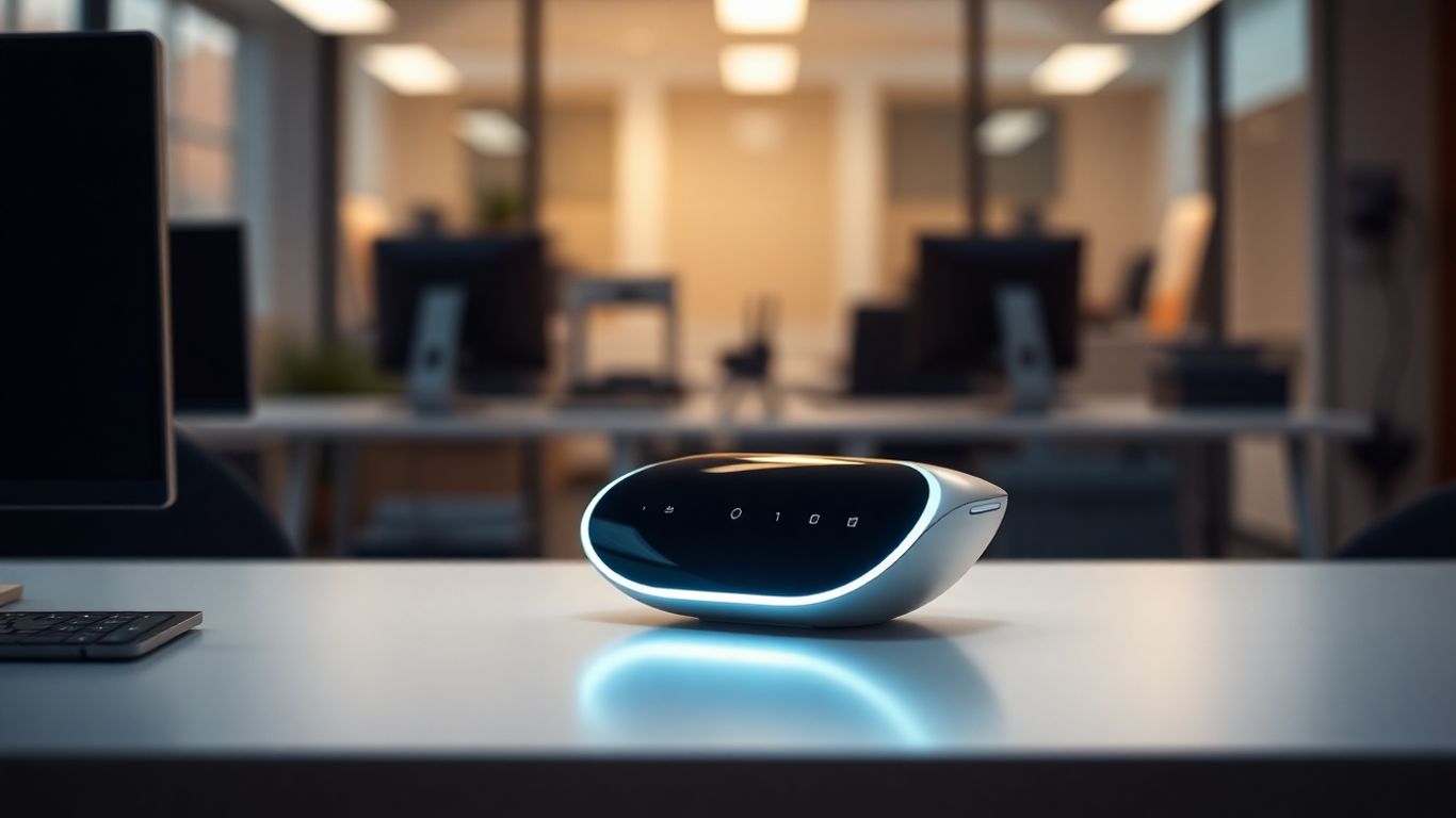 Futuristic AI receptionist device on an office desk.