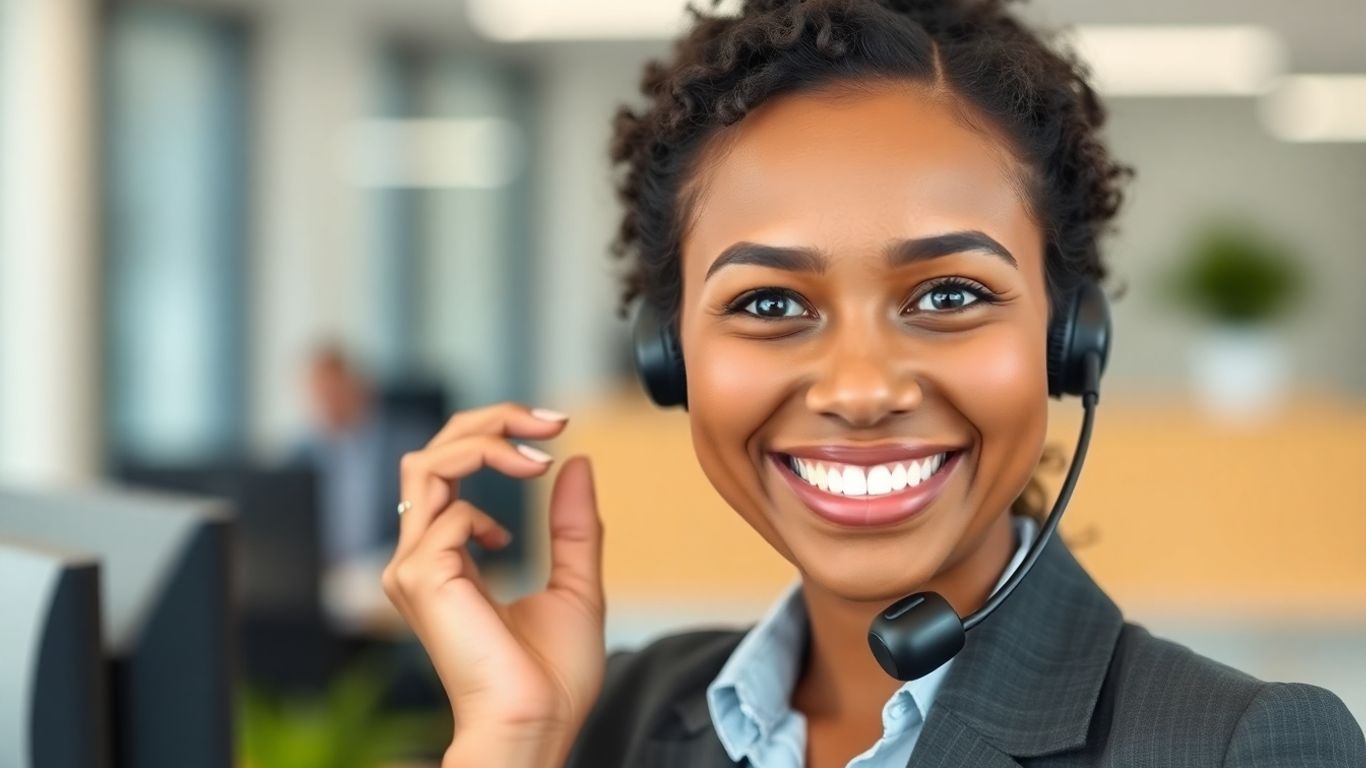 Friendly person answering a phone, offering business support.