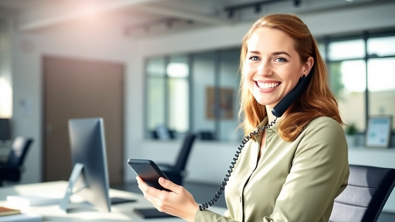 Professional woman answering a phone in a bright, modern office.