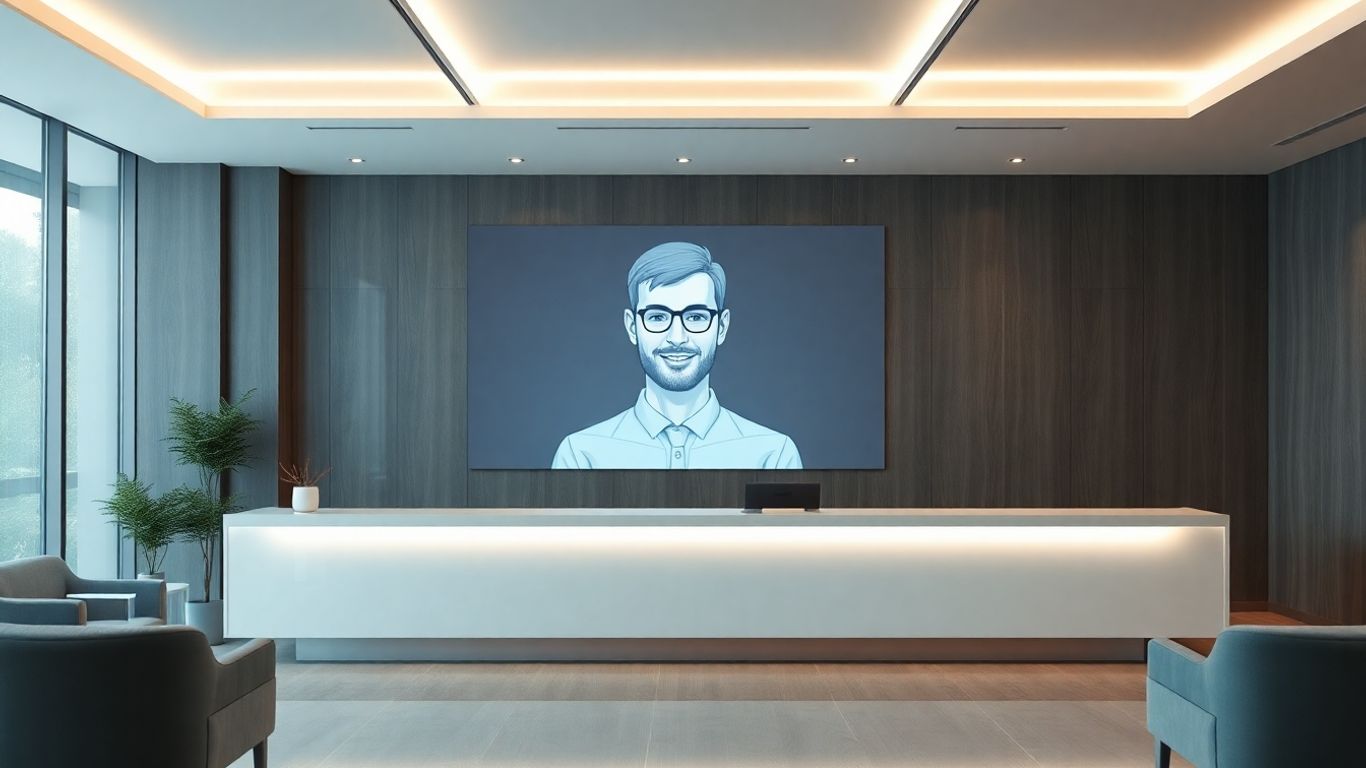 AI avatar in a modern office reception area.