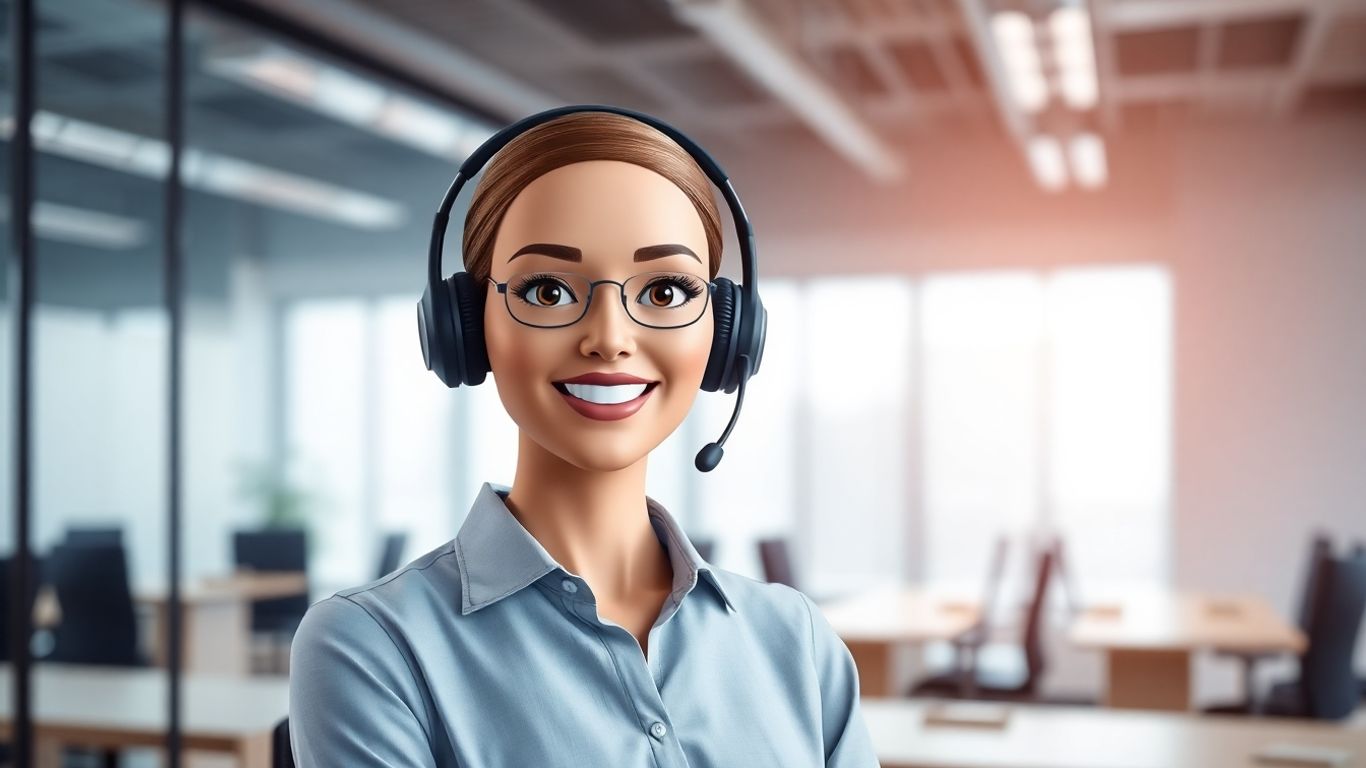 AI avatar with headset in a modern office