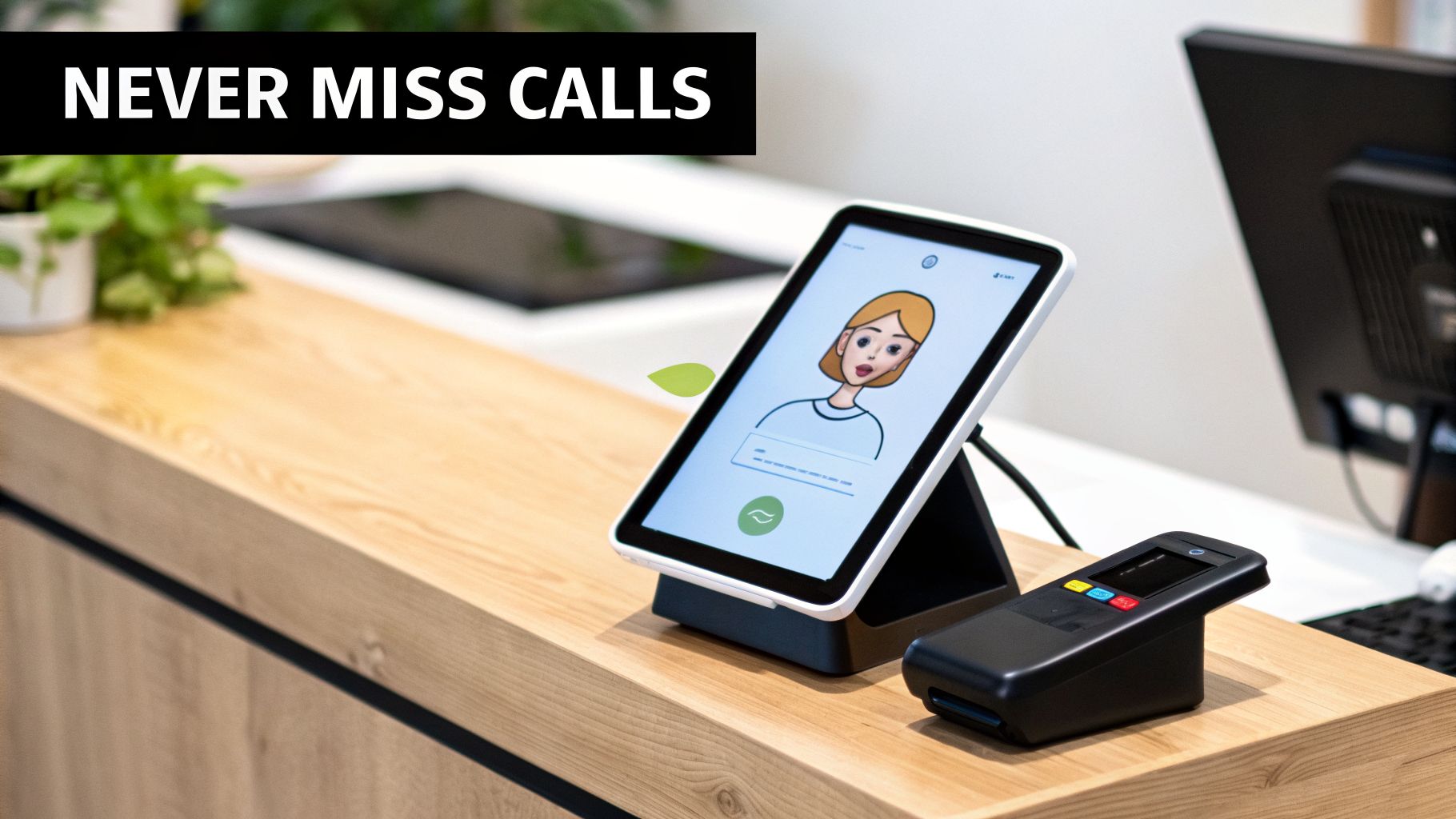A tablet displays an avatar for a digital receptionist, with a payment terminal and 'NEVER MISS CALLS' banner.