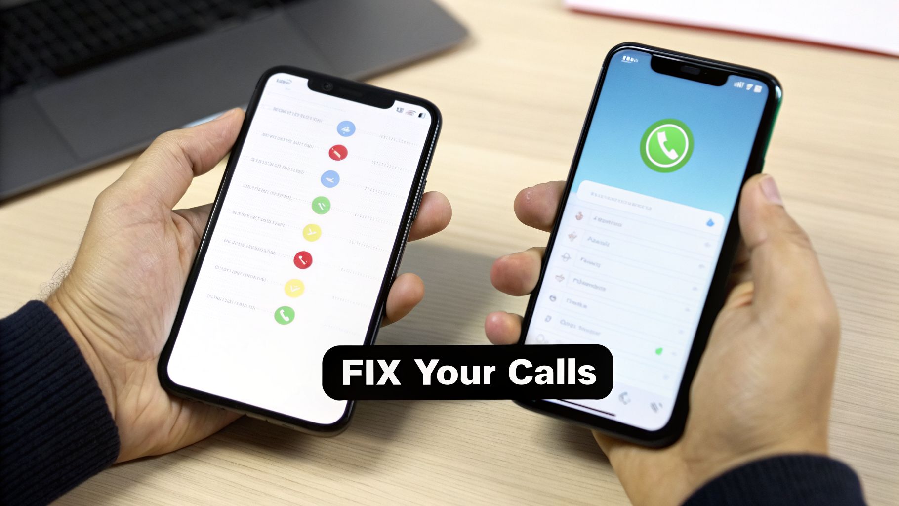 Two hands hold smartphones displaying call screens and a large green phone icon with text 'FIX Your Calls'.