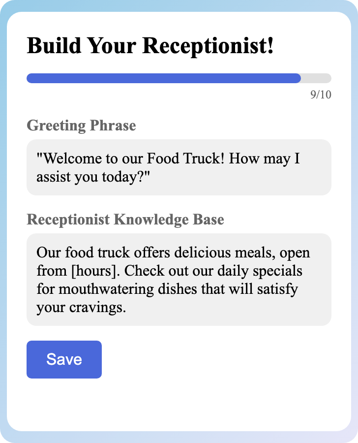 Sample receptionist setup for Food Truck Operation