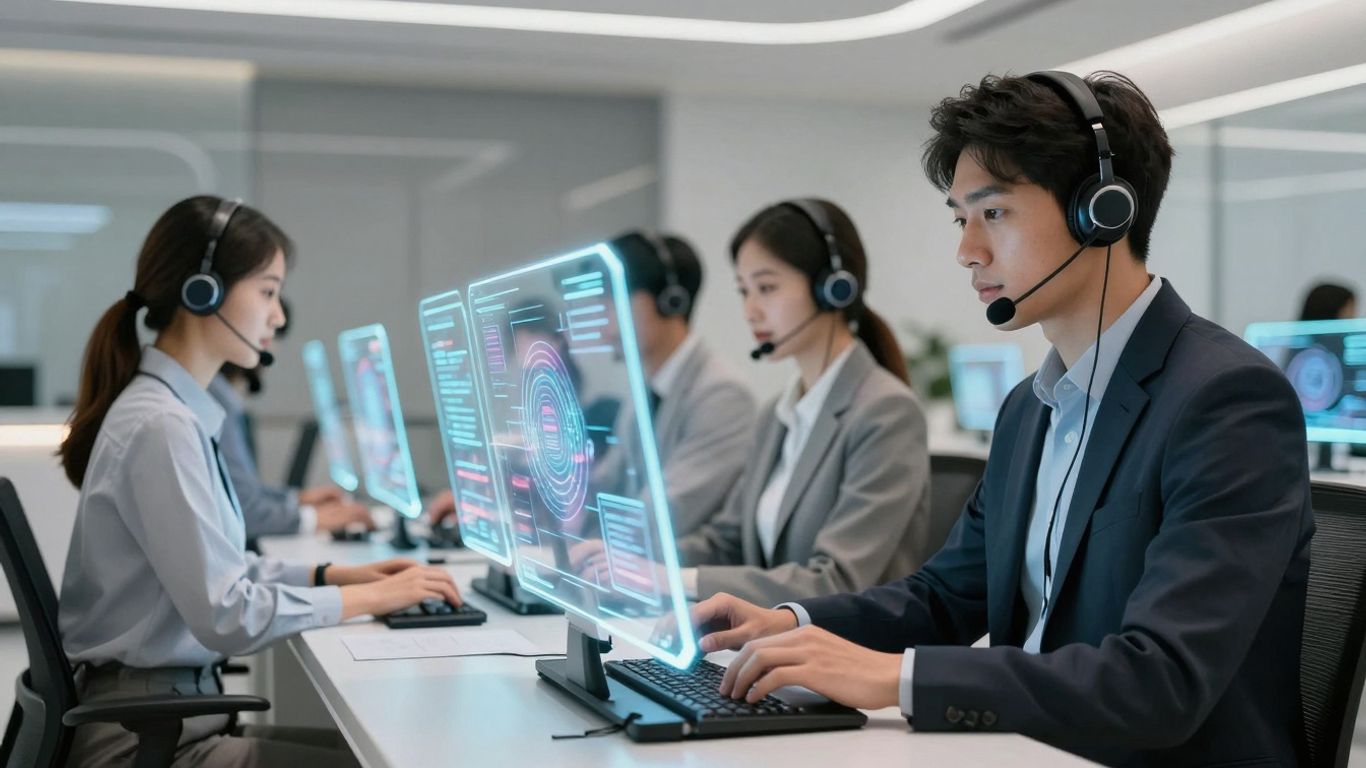 AI assisting human agents in a futuristic support center.